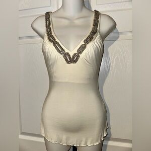 XS BASIL & Maude Ivory cream v neck built bra shirt tank beads beaded rhinestone